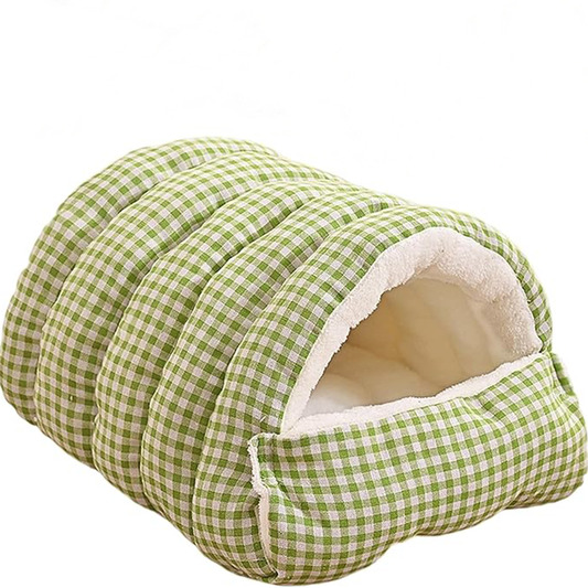 Winter 2-in-1 Pet Cave Bed Lifestyle Shot with Cat Inside Blue Gingham Cave Bed | GraviPaw