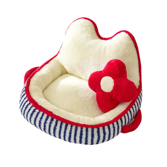 Flower Backrest Pet Sofa Bed Product View – Cream Plush with Flower-Shaped Backrest, Red Trim and Navy Stripe Side | GraviPaw