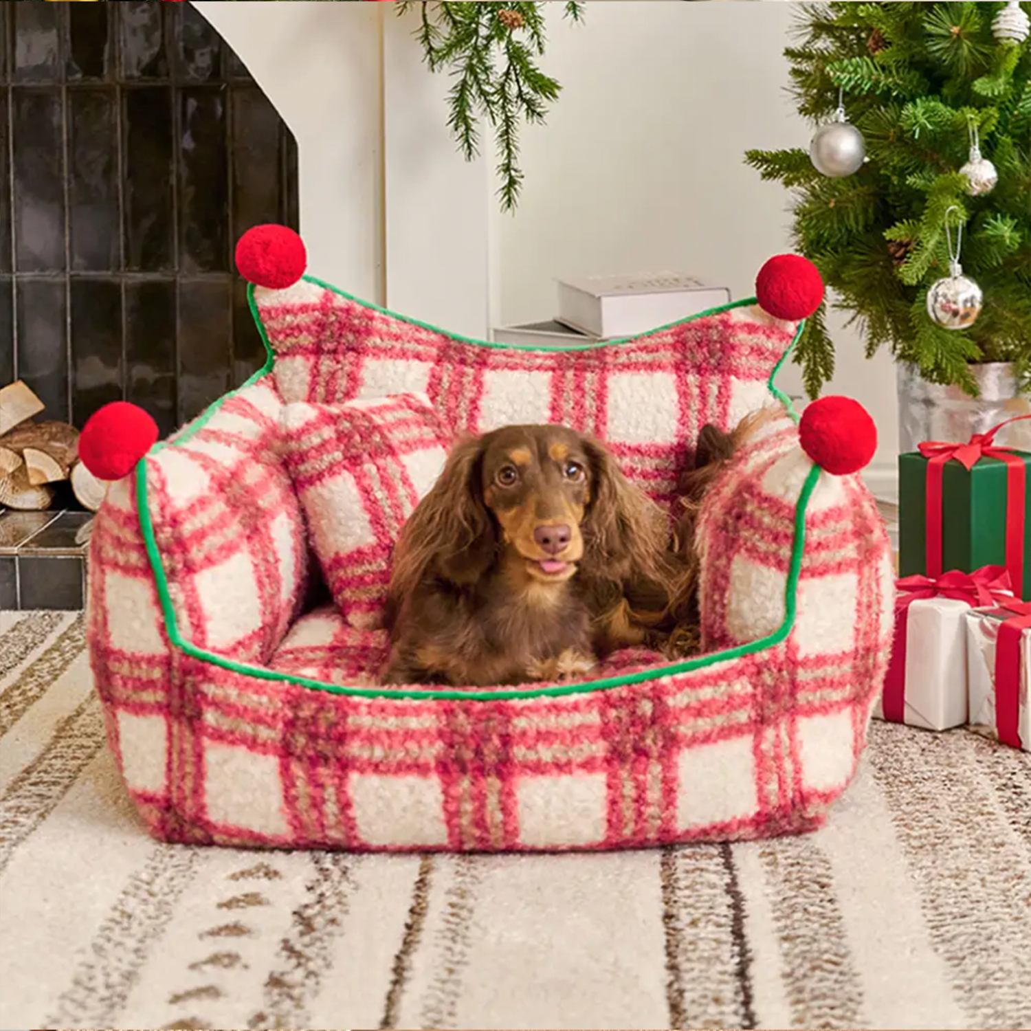Christmas Plaid Plush Pet Sofa Bed – Thickened Warm Dog & Cat Couch with Raised Backrest