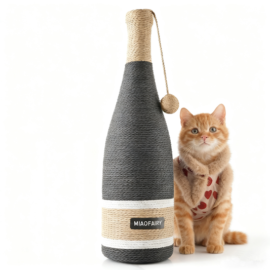 Wine Bottle Cat Scratcher with orange tabby cat - dark grey sisal-wrapped wine bottle shaped scratcher with hanging ball | GraviPaw