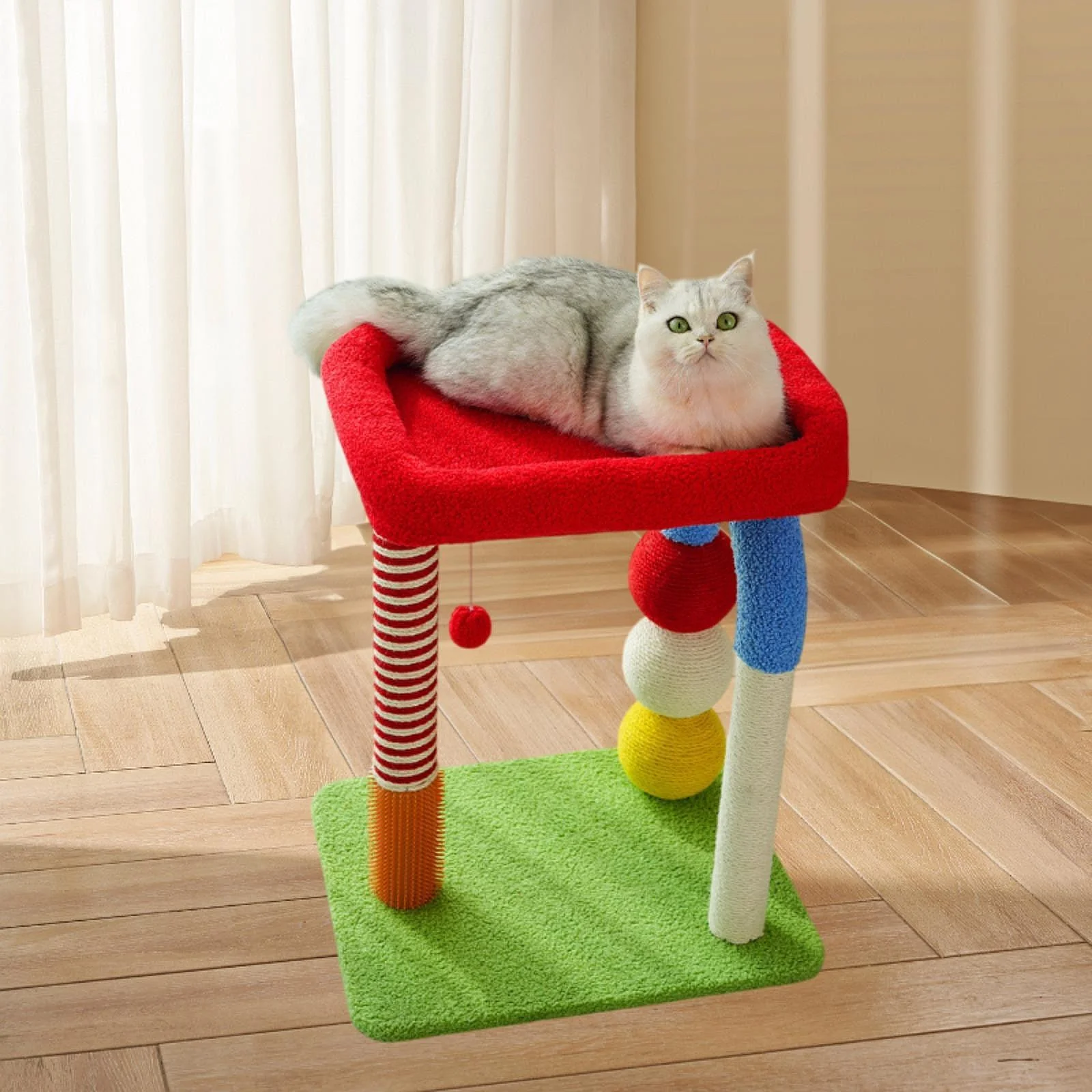 Colorful Compact Cat Climbing Tree with Elevated Bed and Scratching Posts