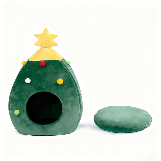 Christmas Tree Cat House White Background Studio Shot Showing Pom-Pom Ornaments and Tree Shape | GraviPaw