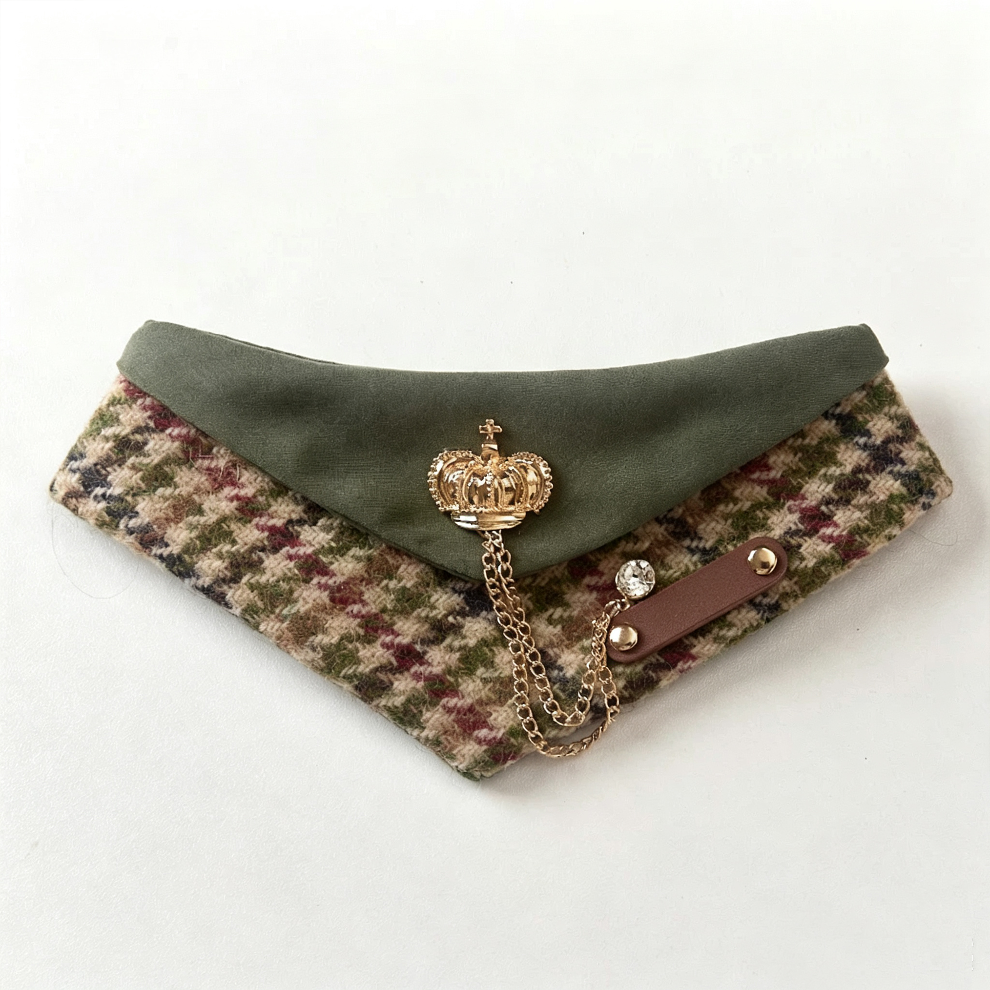 GraviPaw houndstooth pet bandana detail – gold crown brooch, crystal accent and leather name tag