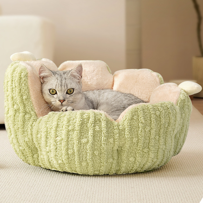 Cactus Blossom Plush Cat Bed – Cozy Wrap-Around Sofa Bed with Removable Cushion for Cats
