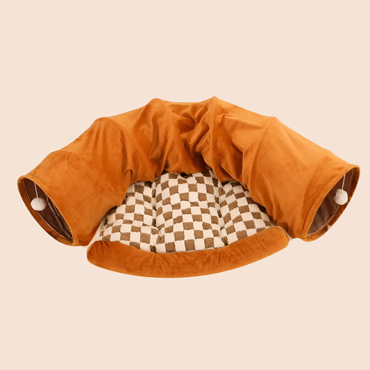 2-in-1 Cat Tunnel Bed with Cushion, Soft Plush Cat Sleeping Tunnel & Mat