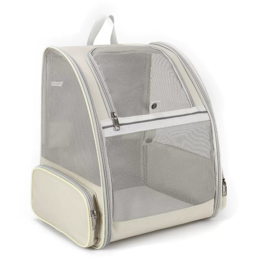 Mesh Pet Backpack Carrier upright and folded flat showing gray fabric and mesh panels | GraviPaw