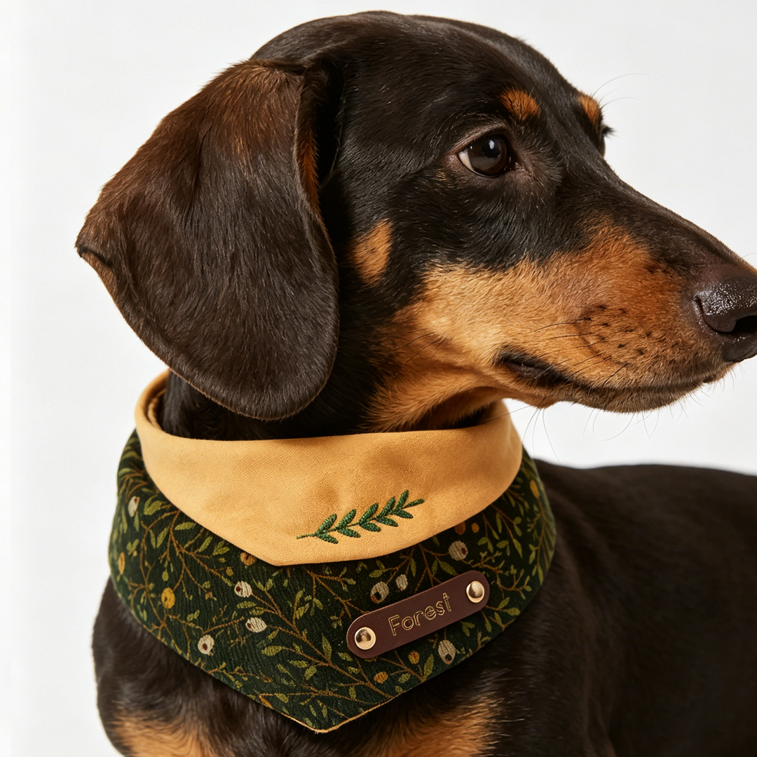Personalized Forest Botanical Pet Bandana deep green corduroy with mustard accent and custom name tag | GraviPaw