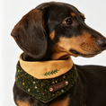 Load image into Gallery viewer, Personalized Forest Botanical Pet Bandana deep green corduroy with mustard accent and custom name tag | GraviPaw
