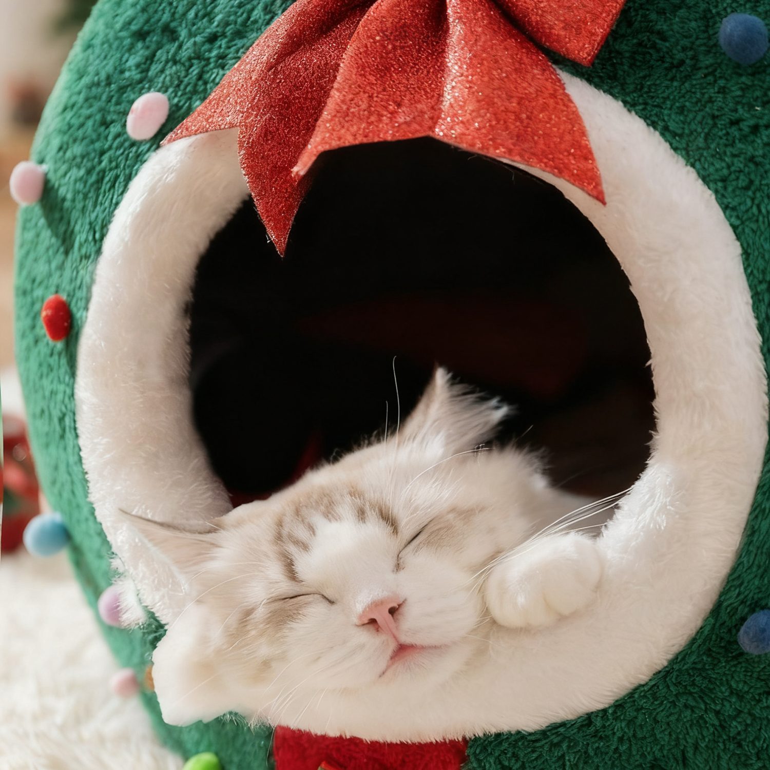 Christmas Tree Cozy Pet Cave – Warm Plush Semi-Enclosed Bed for Cats & Small Dogs | Holiday Gift Nest