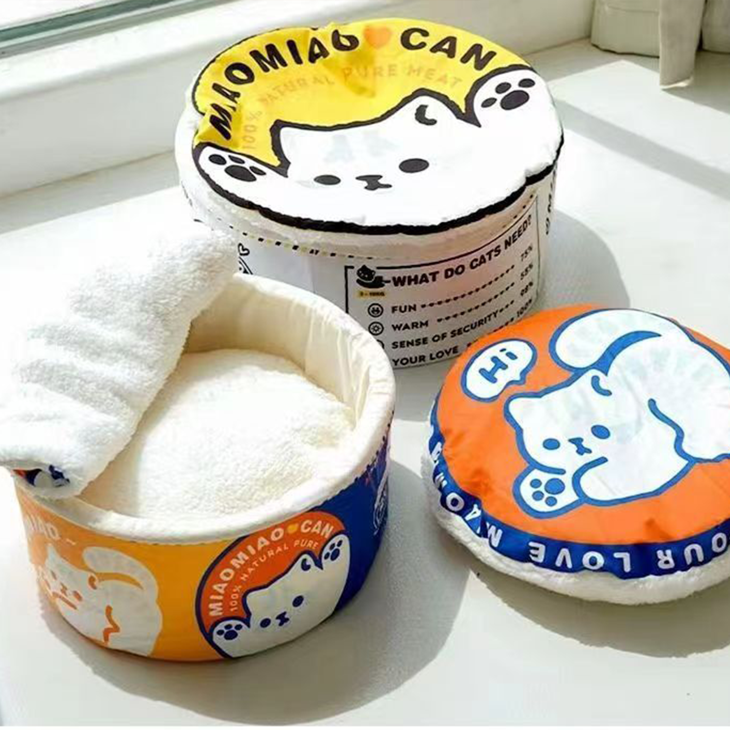 Canned Food Style Plush Cat Bed – Cozy Round Sleeping Nest with Cushion for Cats & Small Dogs