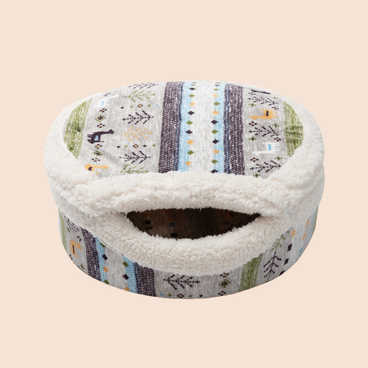 Nordic Patchwork Plush Cat Cave Bed – Cozy Semi-Enclosed Sleeping Nest for Cats & Small Dogs