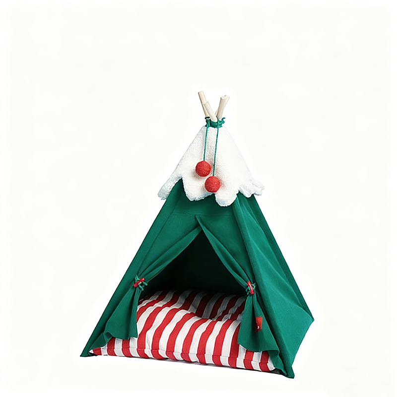 Christmas Cat Teepee – Cozy Holiday Tent Bed with Plush Cushion | Stable Wood Frame | For Cats & Small Pets