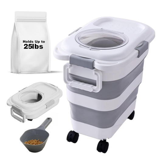 Collapsible Pet Food Storage Container - white and grey wheeled bin holding up to 25lbs with scoop | GraviPaw