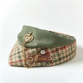 Load image into Gallery viewer, GraviPaw Royal Crown Bandana flat lay – houndstooth outer and sage velvet inner with crown brooch
