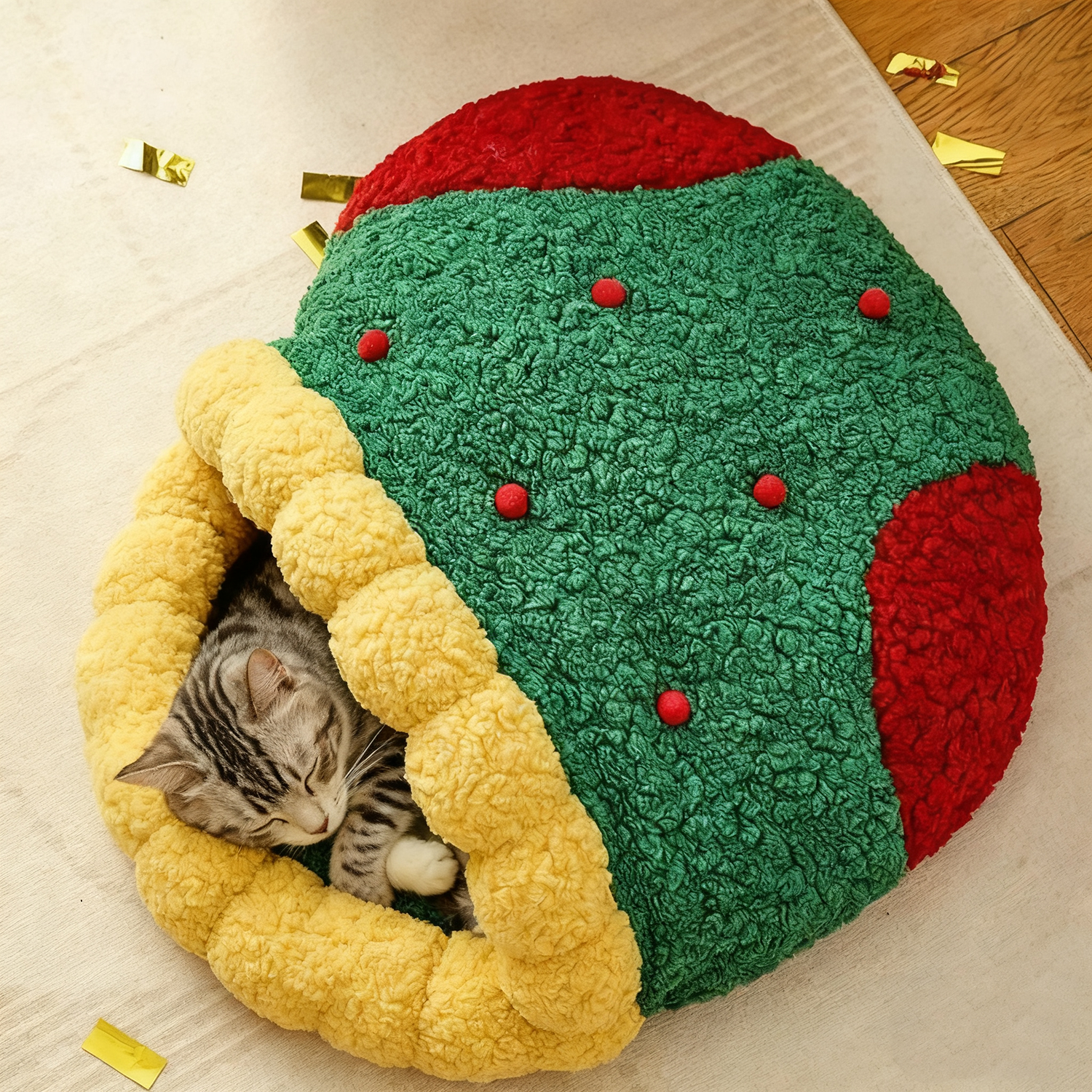 Christmas Stocking Cat Bed – Flannel Plush Warm Cave for Cats & Small Dogs | Semi-Enclosed Winter Pet Nest