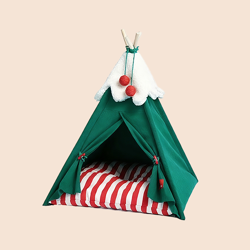 Christmas Cat Teepee – Cozy Holiday Tent Bed with Plush Cushion | Stable Wood Frame | For Cats & Small Pets