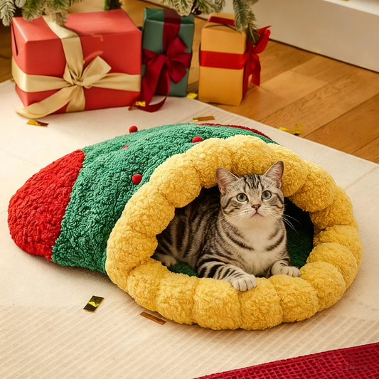 Christmas Stocking Cat Bed – Flannel Plush Warm Cave for Cats & Small Dogs | Semi-Enclosed Winter Pet Nest