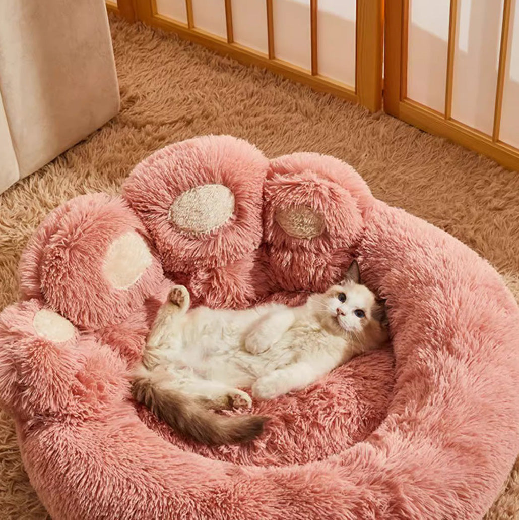 Paw-Shaped Plush Pet Bed Anti-Slip Warm Calming Bed for Cats & Small Dogs