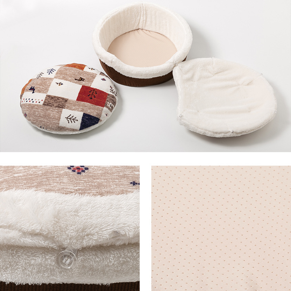 Nordic Patchwork Plush Cat Cave Bed – Cozy Semi-Enclosed Sleeping Nest for Cats & Small Dogs