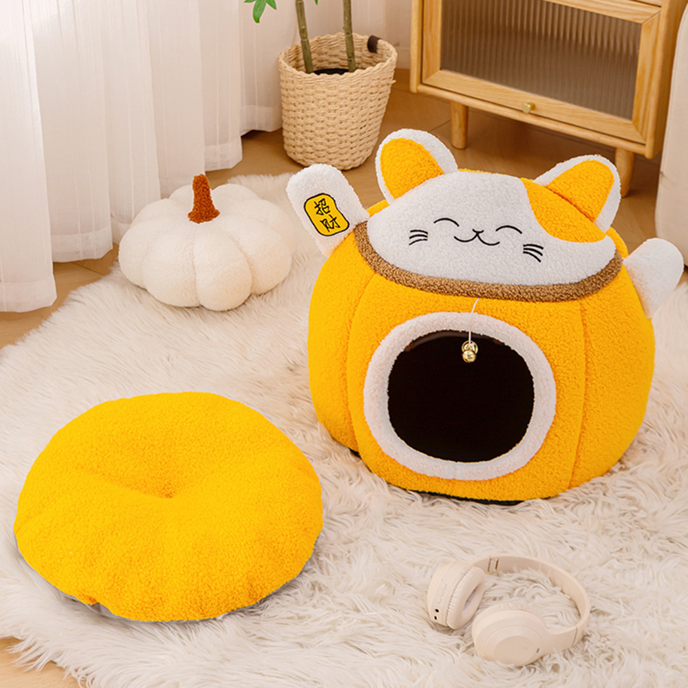 Lucky Cat Plush Cave Bed – Soft Enclosed Sleeping House for Cats & Small Dogs