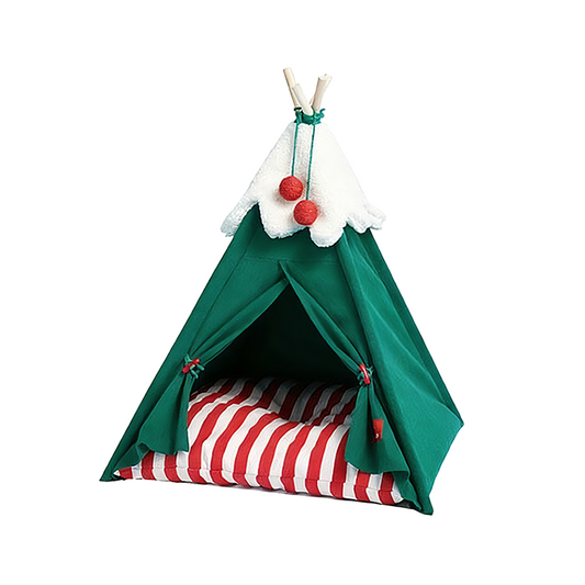 Christmas Cat Teepee Bed Product View – Green Canvas with White Snow Trim, Red Pom-Pom Dangles and Candy Cane Cushion | GraviPaw