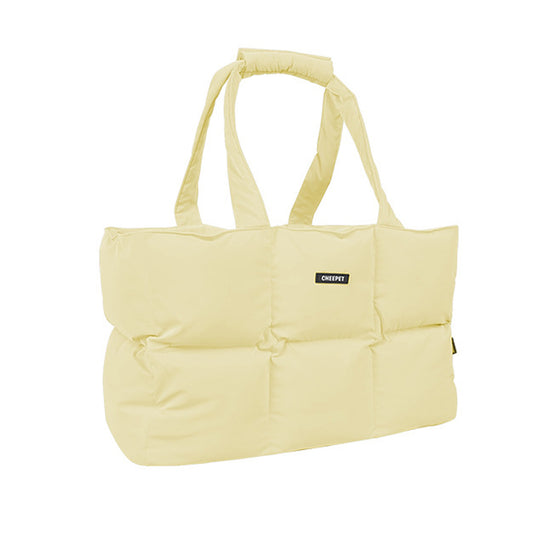 Glossy Padded Pet Carrier Bag light yellow butter color puff cube design, product shot | GraviPaw