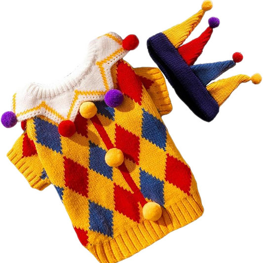 Clown Costume Cat Sweater Infographic Showing Features, Fabric and Design Details | GraviPaw