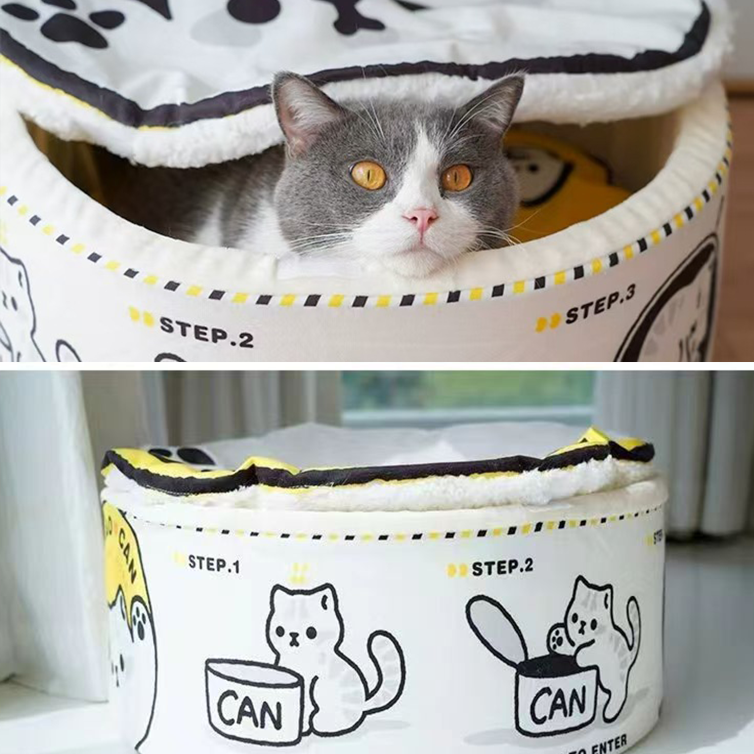 Canned Food Style Plush Cat Bed – Cozy Round Sleeping Nest with Cushion for Cats & Small Dogs