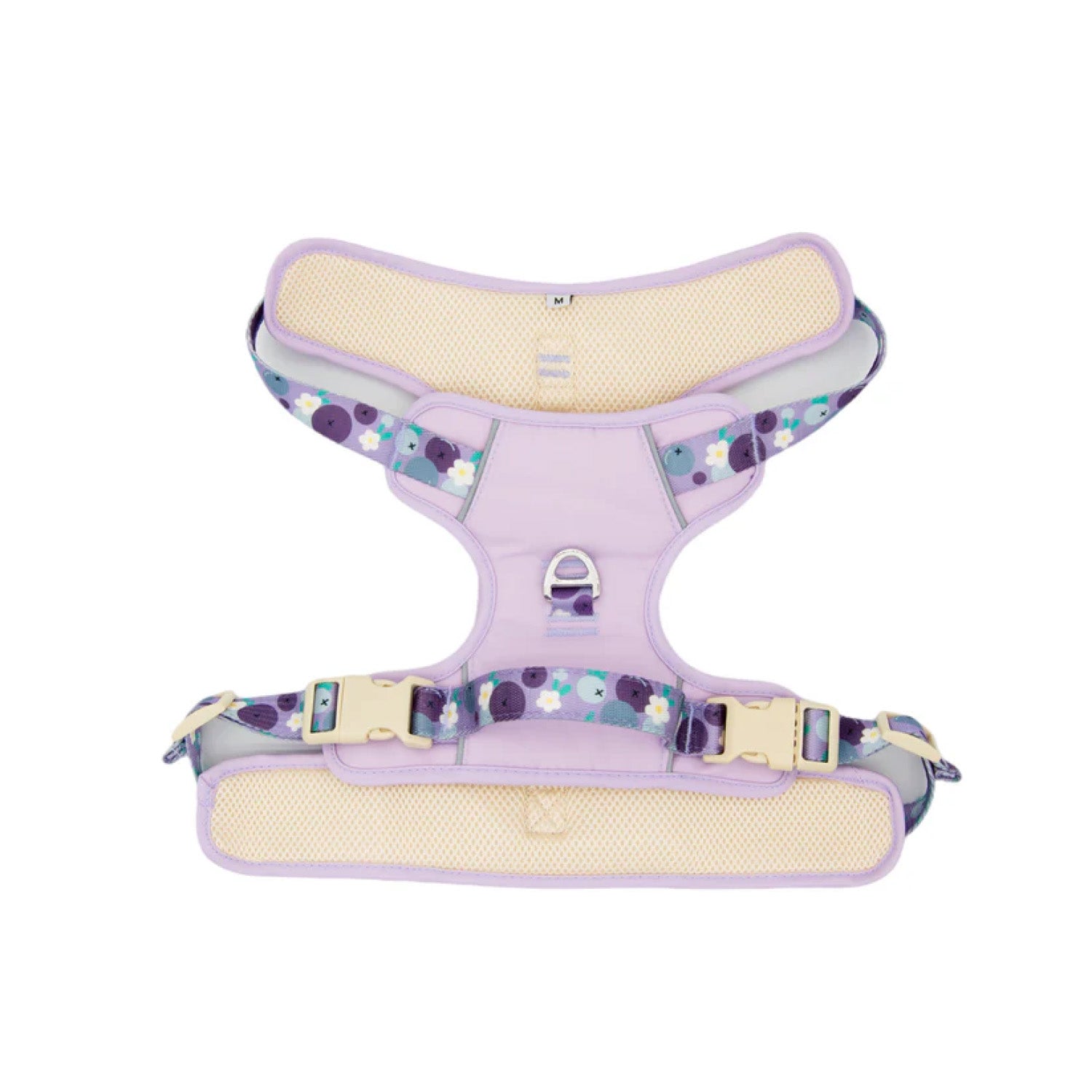 Front view of blueberry print purple adjustable mesh dog harness