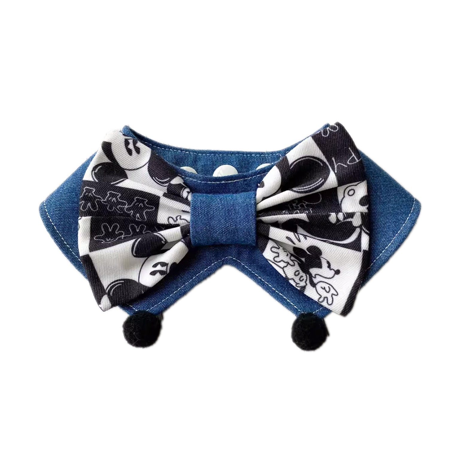 Black white cartoon bow denim pet bandana collar on white background for small to medium dogs and cats