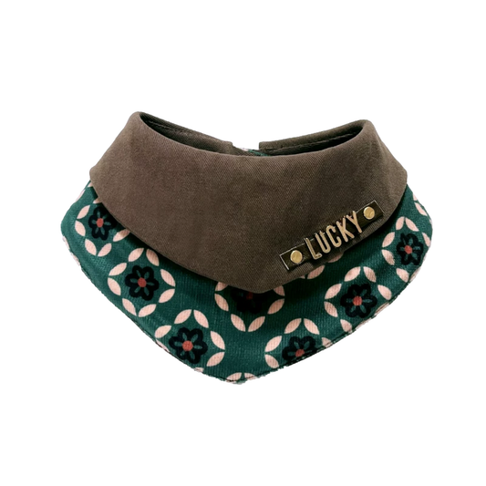 Personalized two-tone retro floral pet bandana with snap closure for cats and dogs
