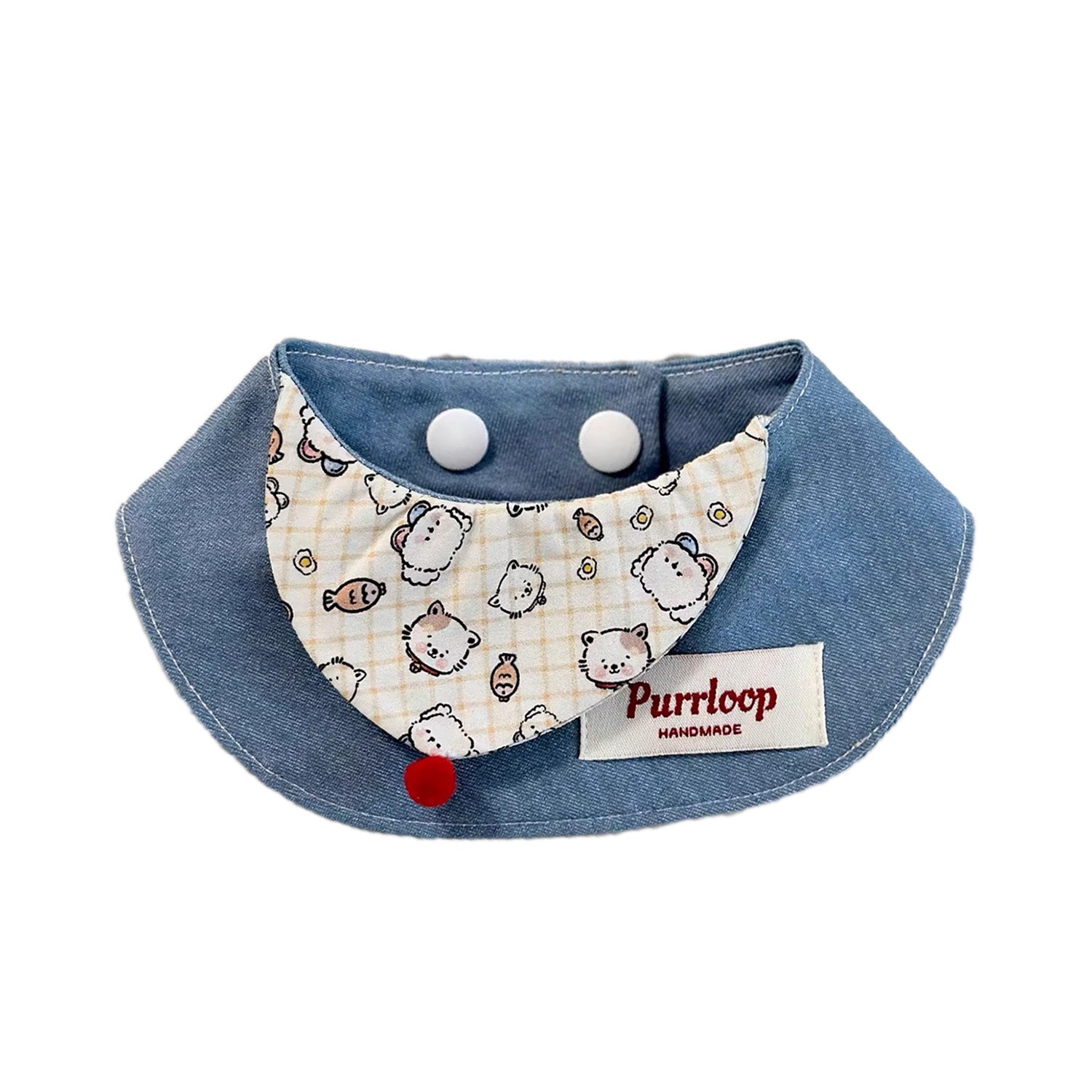 Cute cartoon print blue denim pet collar bandana on white background for small dogs and cats