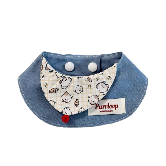 Cute cartoon print blue denim pet collar bandana on white background for small dogs and cats