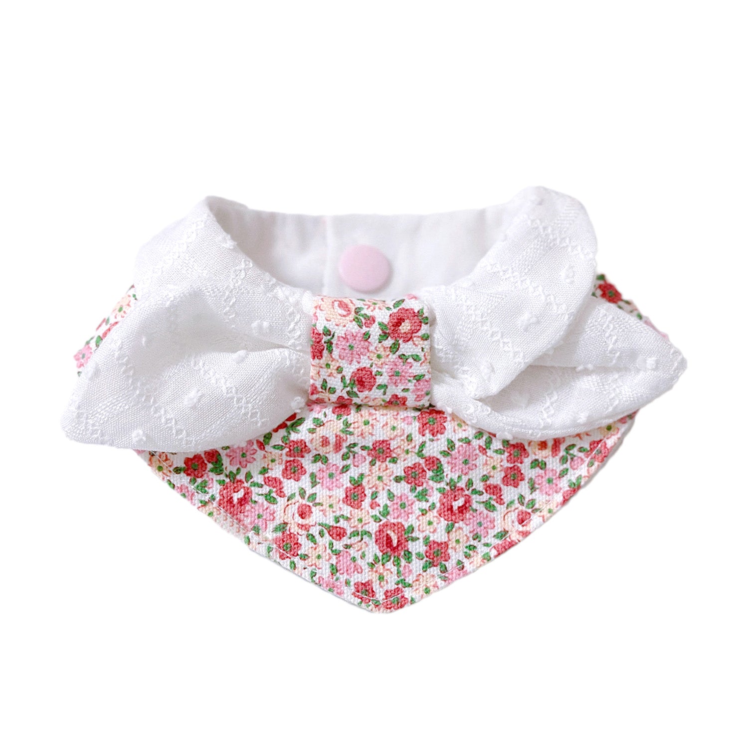 Floral bow pet collar bandana with white lace on white background for small dogs and cats