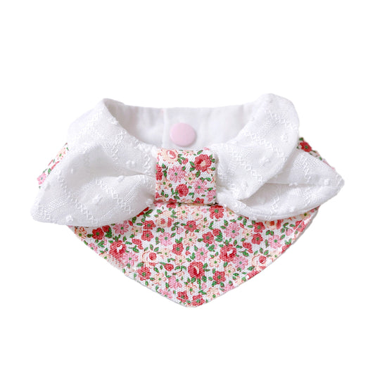 Floral bow pet collar bandana with white lace on white background for small dogs and cats