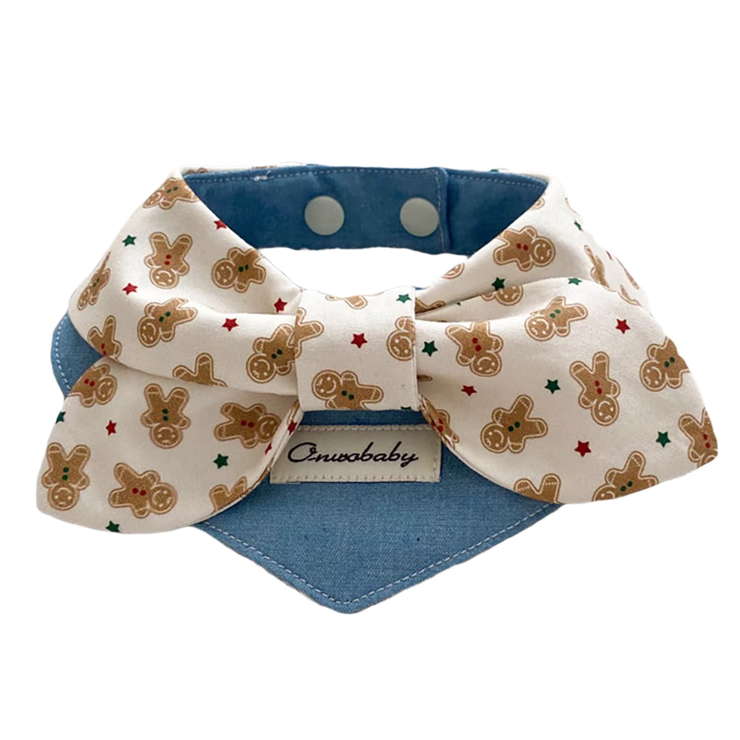 Blue bow gingerbread print pet bandana collar on white background for small to medium dogs and cats