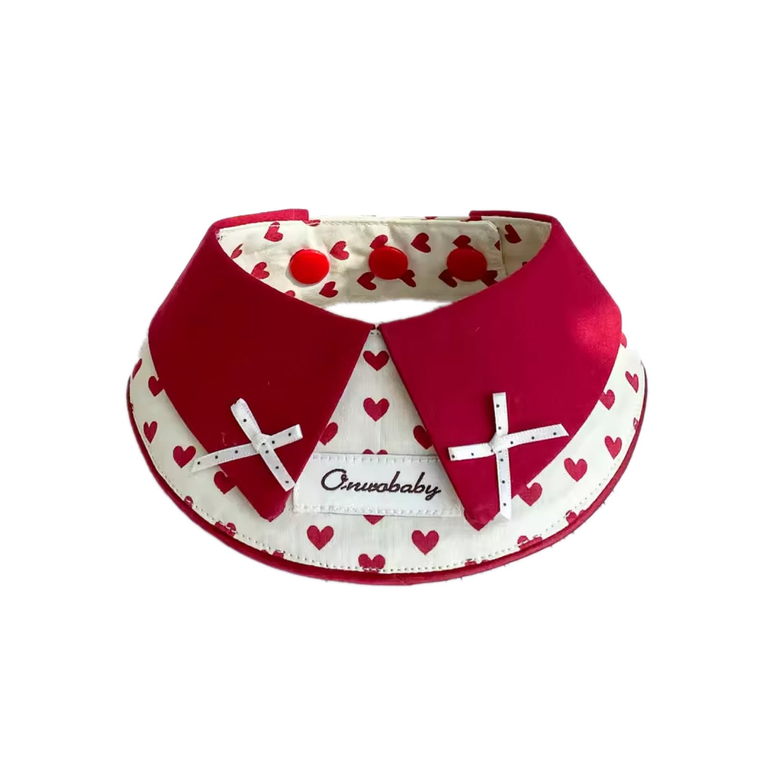 Adjustable red heart pattern cat and dog collar with snap-button closure on white background