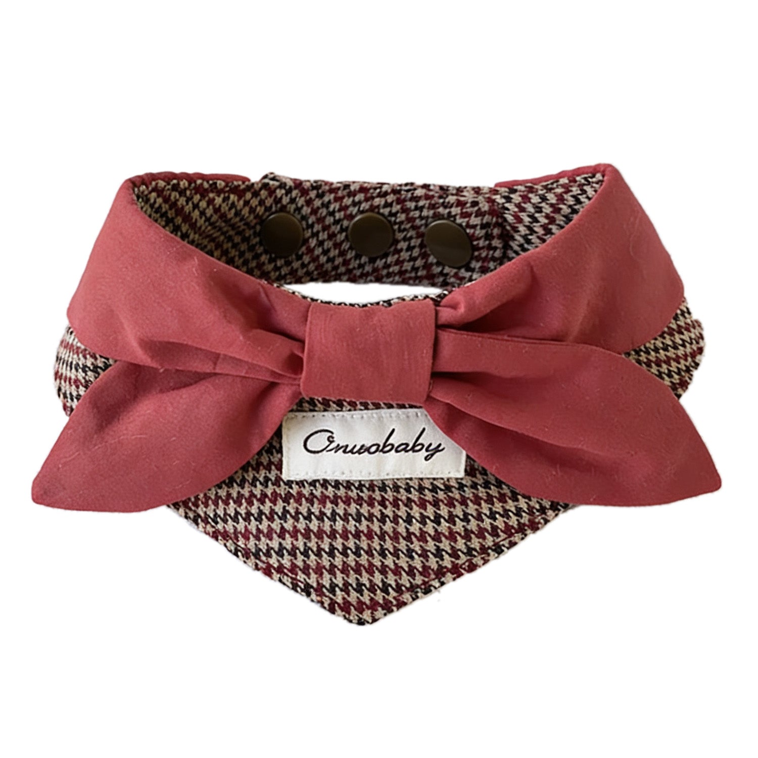 Red bow houndstooth pet bandana collar on white background for small to medium dogs and cats