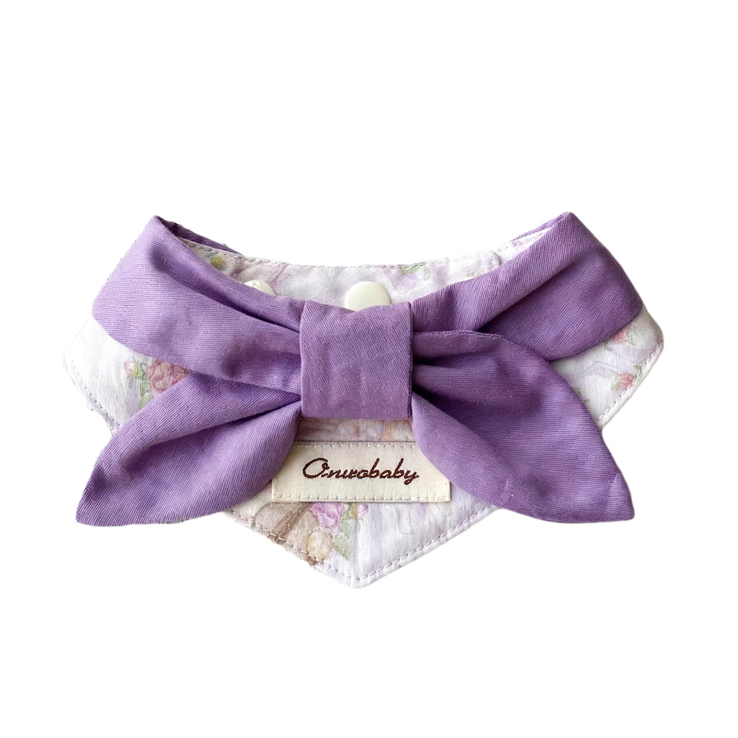 Lavender floral bow bandana collar on white background for small to medium dogs and cats