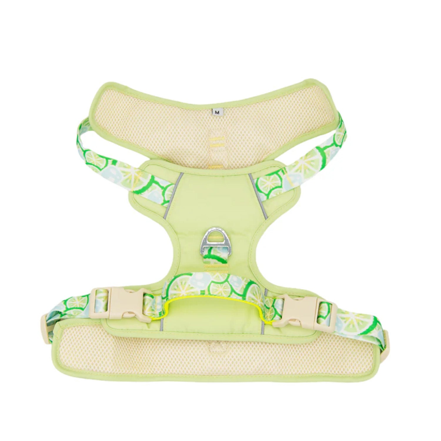 Flat lay of lemon green adjustable breathable mesh dog harness