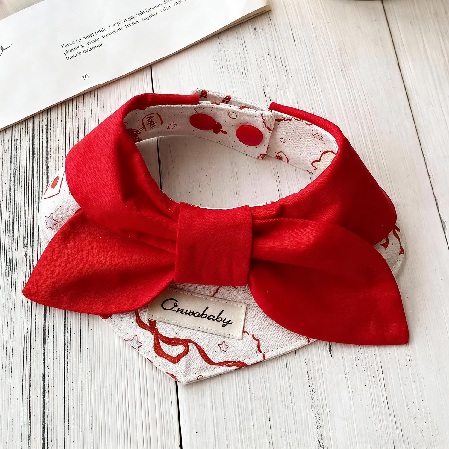 Soft cotton red bow pet collar with adjustable snap-button closure