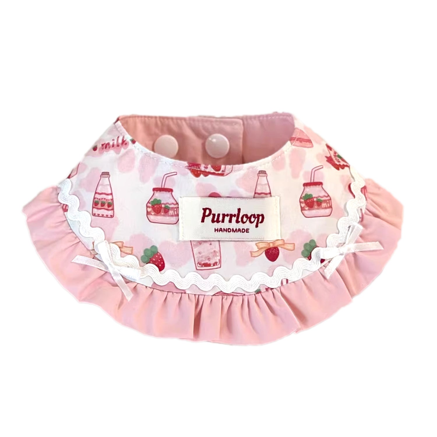 Strawberry milk print ruffle pet bandana collar on white background for small dogs and cats