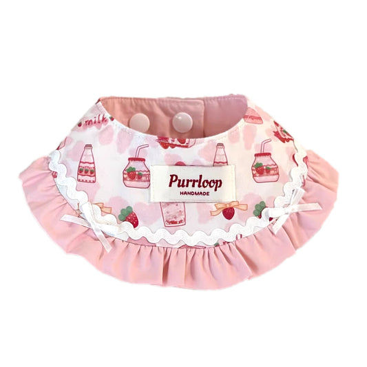 Strawberry milk print ruffle pet bandana collar on white background for small dogs and cats