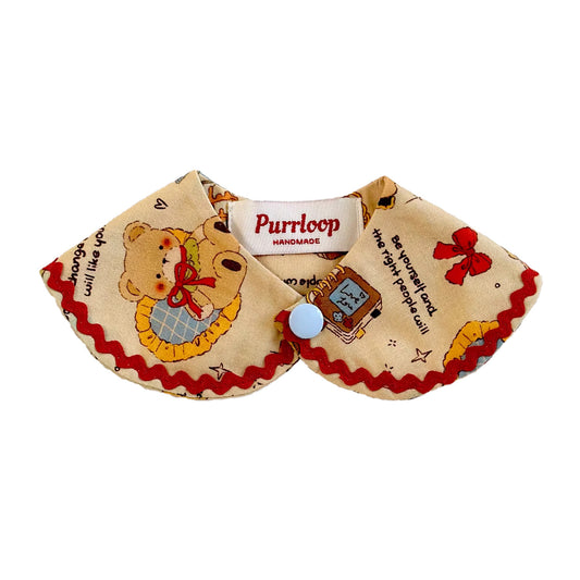 Vintage teddy bear print pet bandana collar on white background for small dogs and cats