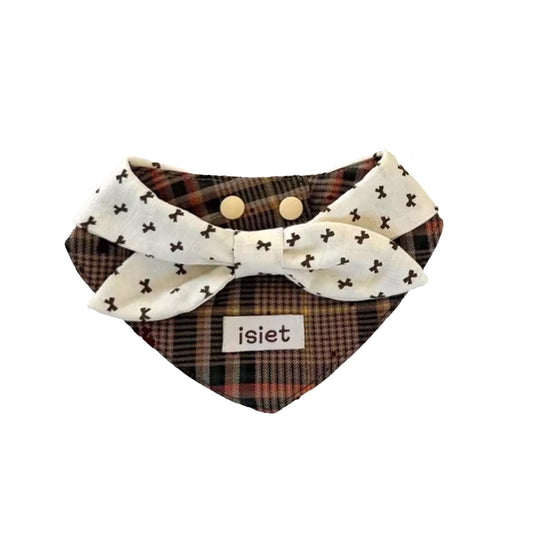Adjustable vintage plaid bow pet collar with snap-button closure on white background