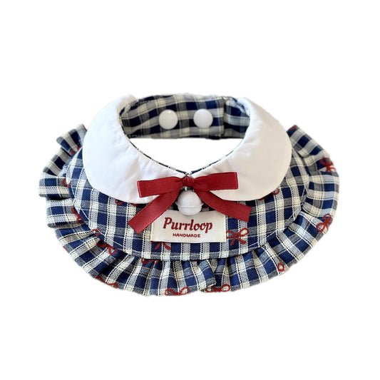 Vintage plaid ruffle bow bandana collar on white background for small dogs and cats