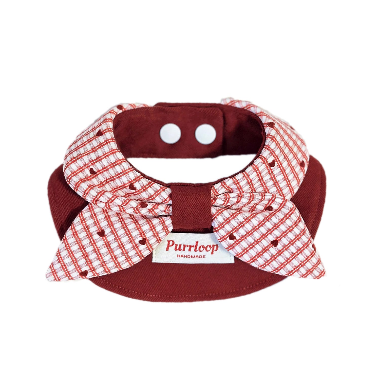 Wine red plaid bow dog collar bandana on white background for small dogs and cats