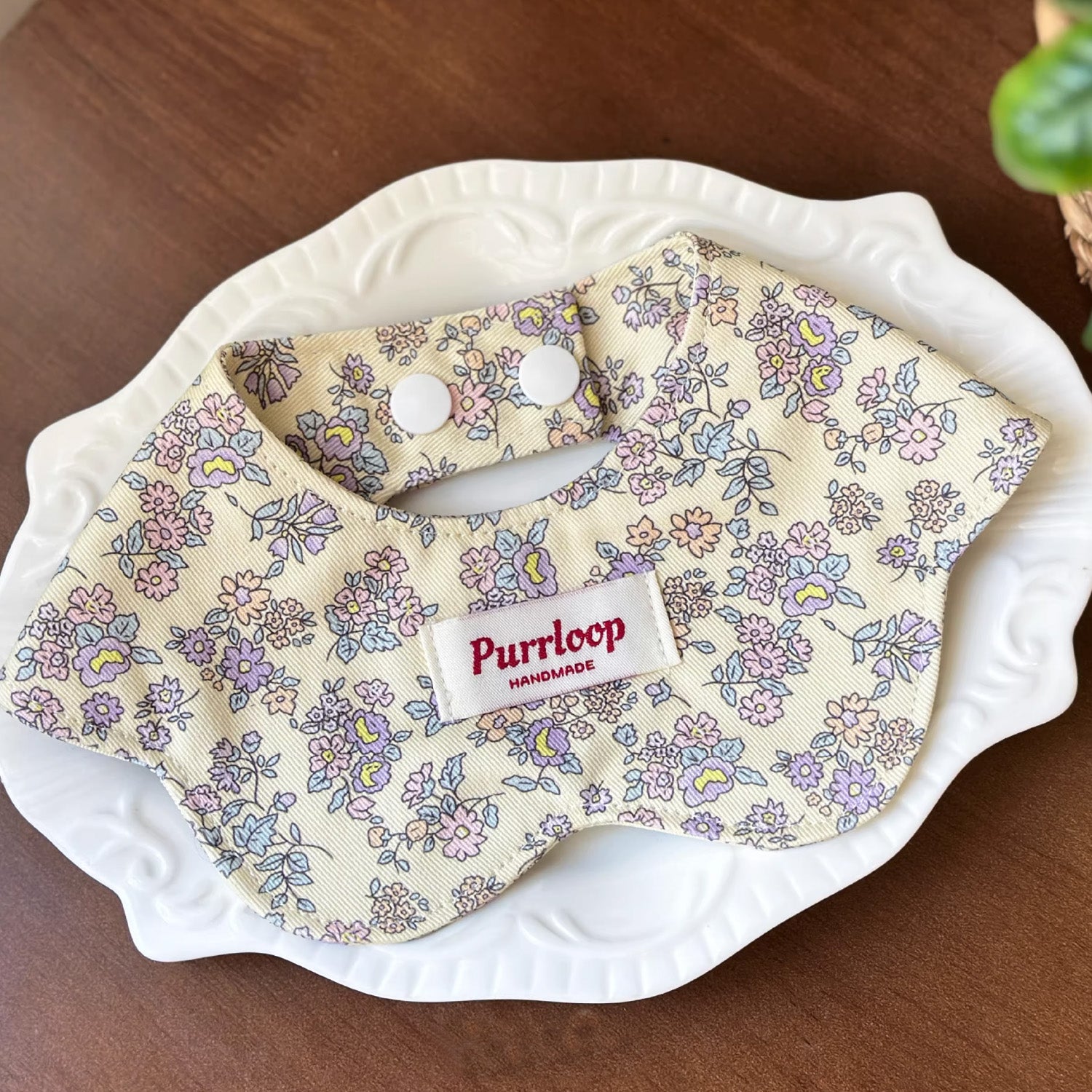 Pastel floral pet collar styled on white plate with feminine aesthetic