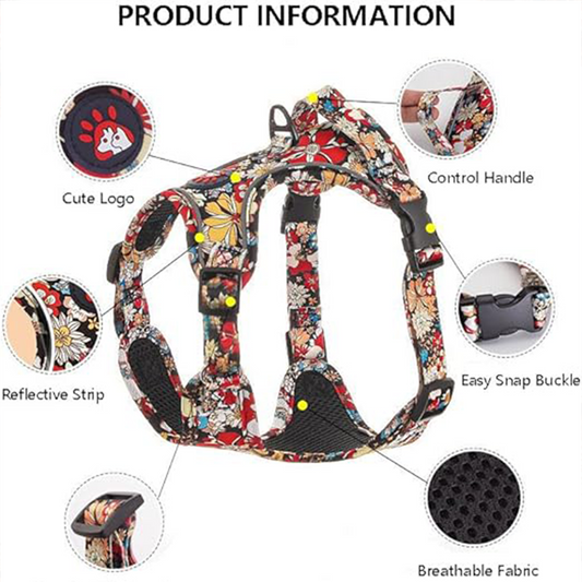 Floral dog harness product information diagram showing handle clip and reflective strip