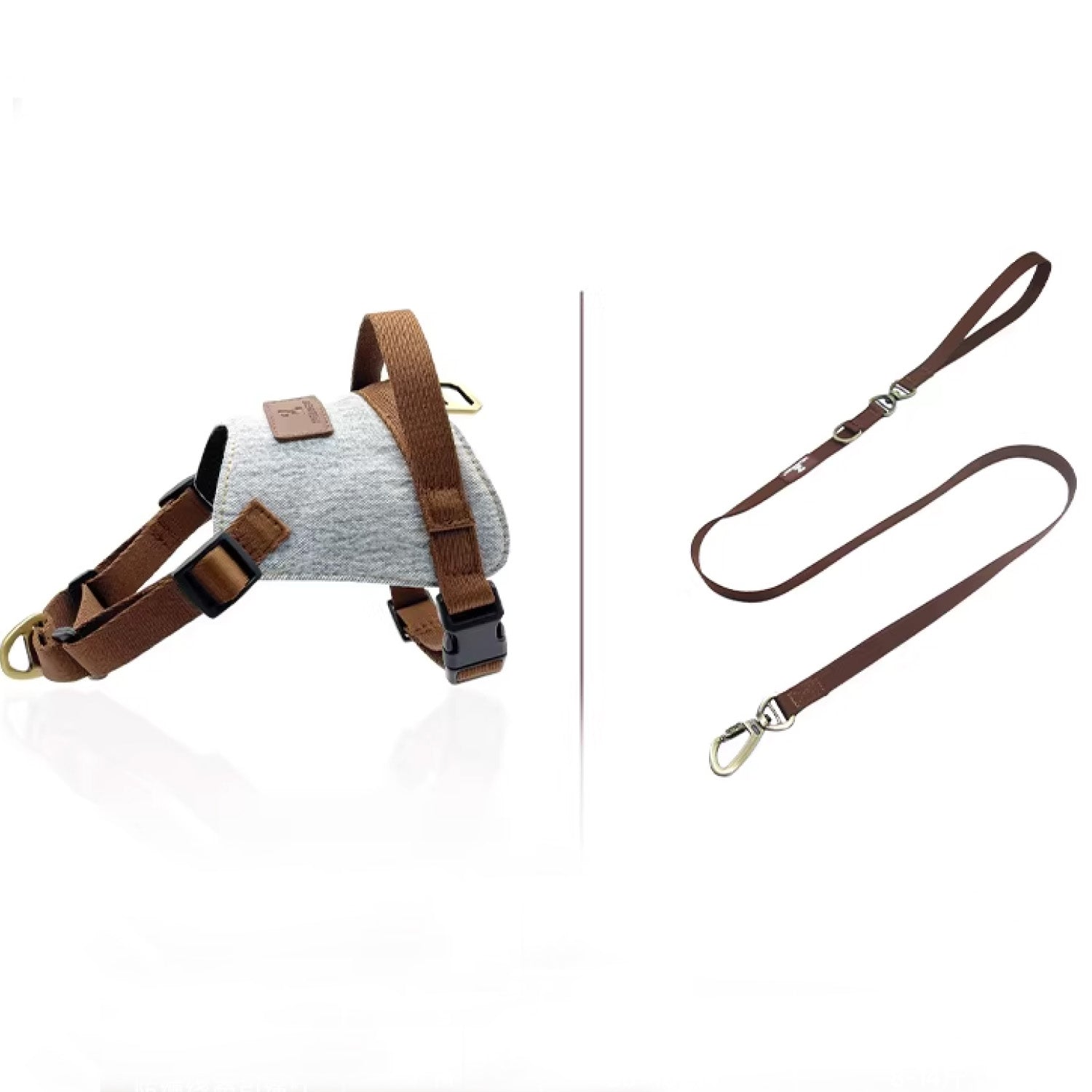 Grey anti pull dog harness with matching brown leash set on white background